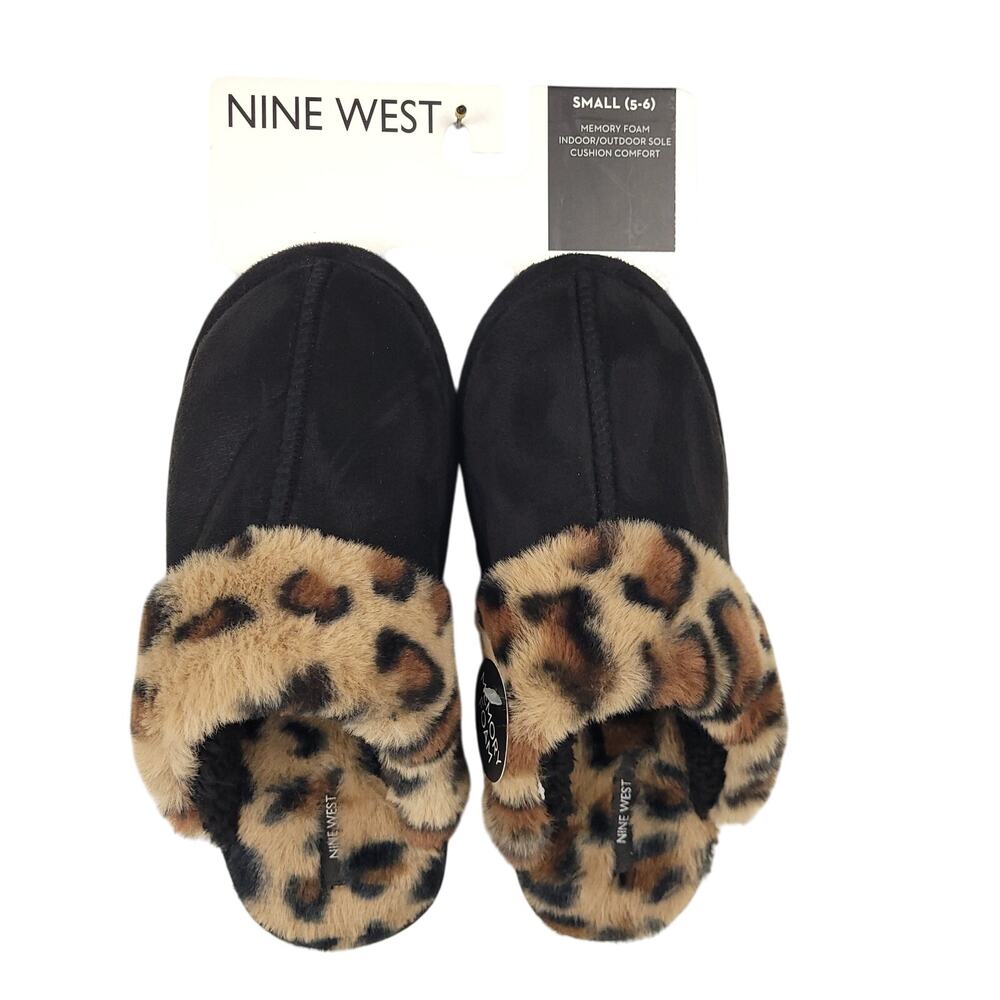 Nine West Women’s Fluffy Memory Foam Slippers Leopard Print Size Small 5-6